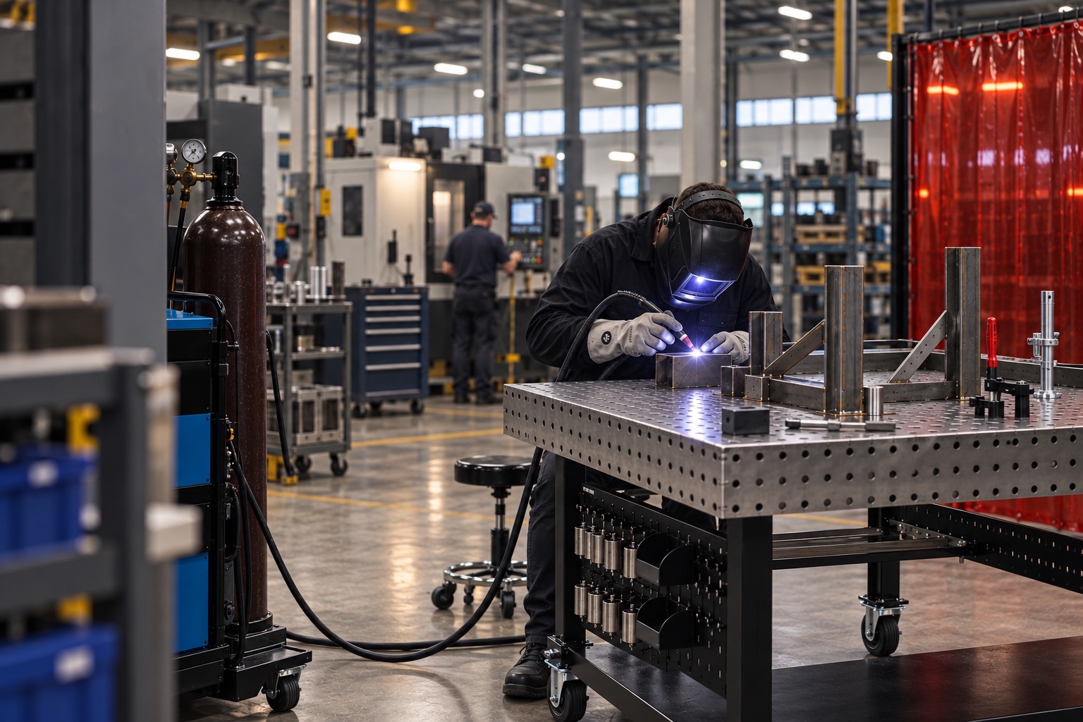 Welder working at a fixture table inside a manufacturing facility