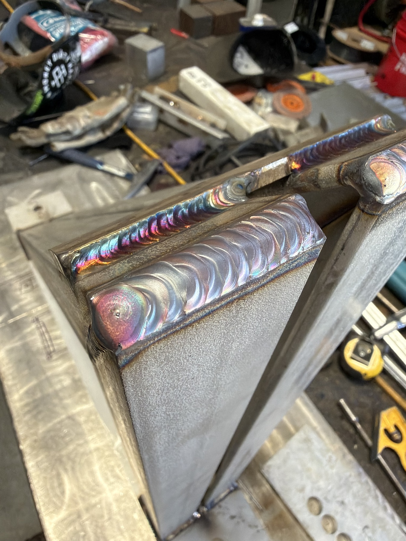 Close view of a finished TIG weld on a fabricated assembly